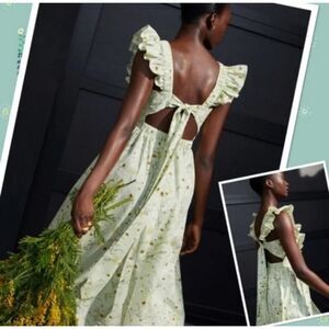 H&M Wildflower Meadow open back Poplin Light Green Floral midi Dress sz XS